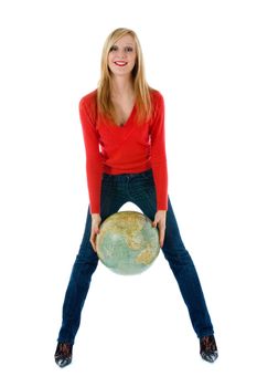 Young woman with  globe on  white  background