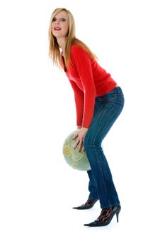 Young woman with  globe on  white  background