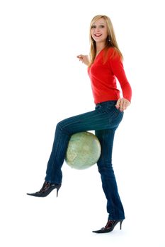 Young woman with  globe on  white  background