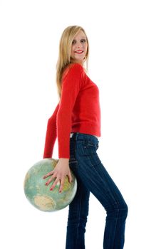 Young woman with  globe on  white  background
