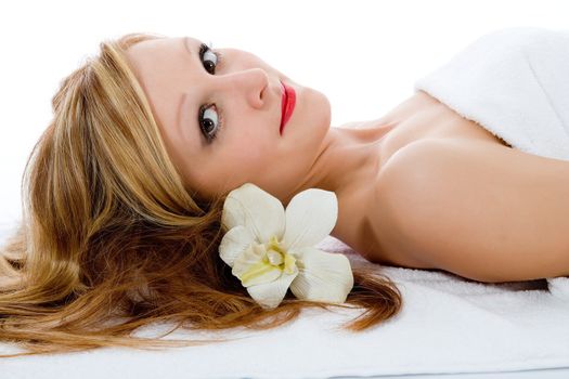 Attractive woman getting spa treatment on white
