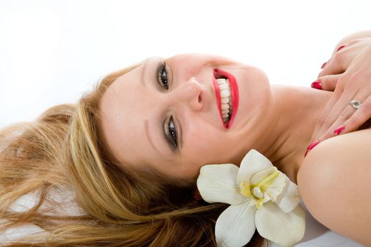 Attractive woman getting spa treatment on white