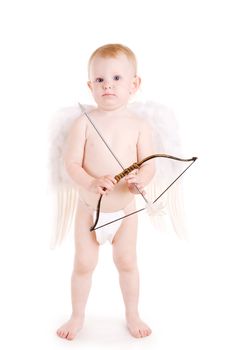 Girl with bow and arrow dressed in angel wings