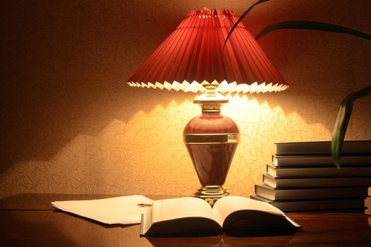 Evening home interior with luminous lamp and stack of books on the table