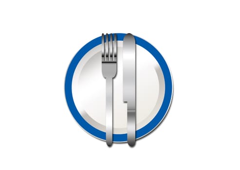 an illustration of a blue rimmed plate with silverware on top