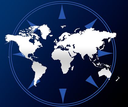 A blue and white illustration of a world map and compass