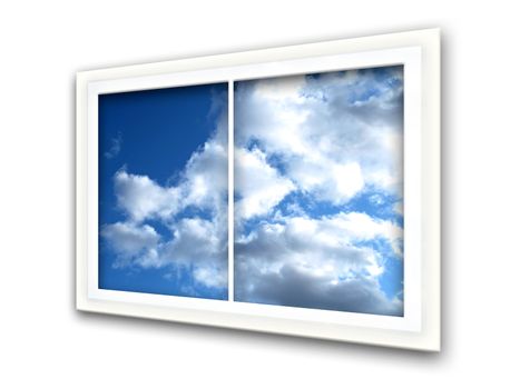 Cloudy blue sky in window over white background