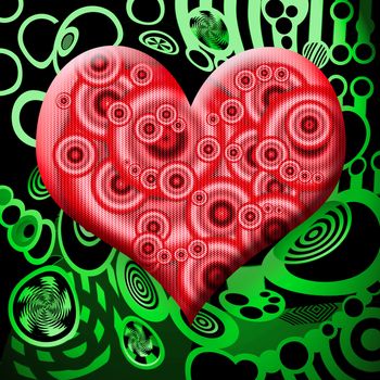 Red Mechanic Heart over Green Surreal Toxic Waste Industrial Urban Background