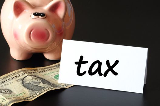 save tax concept with piggy bank and money on black