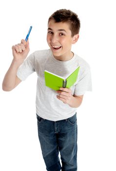 Happy bright student with pen and book