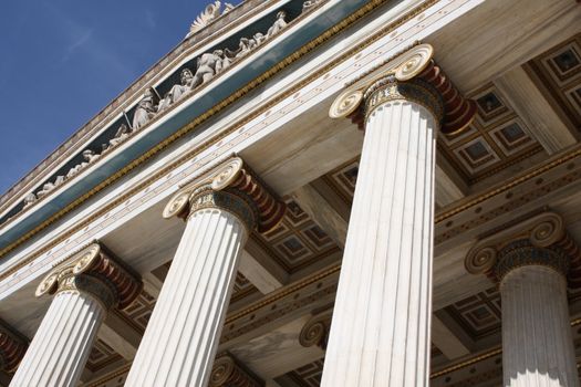 Close up of neoclassical Academy of Athens, Greece. It is the highest research establishment in the country and one of the major landmarks of Athens.
