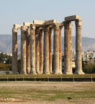 Ruins of the Temple of Olympian Zeus in Athens, Greece, with Corinthian columns.