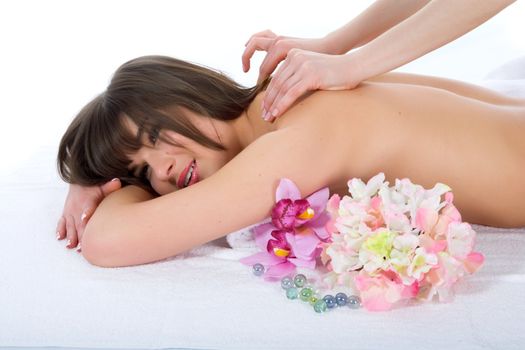Attractive woman getting spa treatment on white
