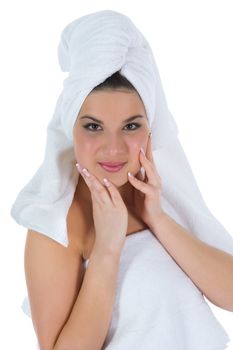 Beautiful girl with towel on white