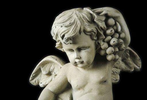 Cherub with dramatic side lighting on a black background.