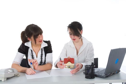 Business woman advertises real estate on white background