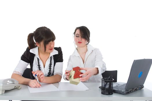 Business woman advertises real estate on white background