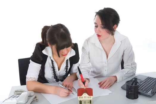 Business woman advertises real estate on white background