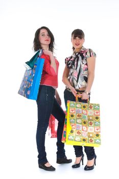 expressive girls  on white background  shopping