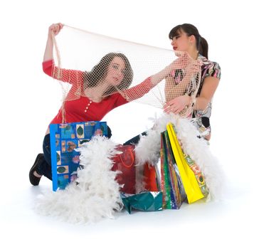 expressive girls  on white background  shopping