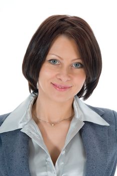 portrait of the brunette with blue eye on  white background