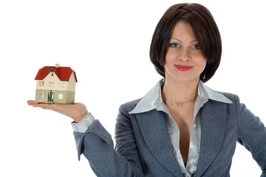 Business woman advertises real estate on white background