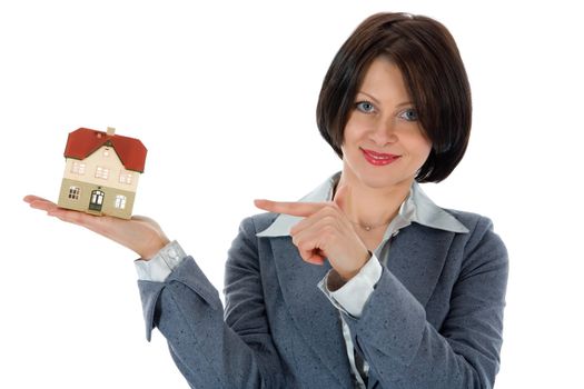 Business woman advertises real estate on white background