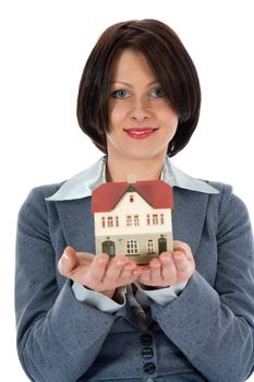 Business woman advertises real estate on white background