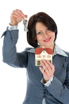 Business woman advertises real estate on white background