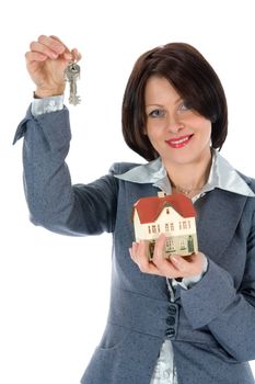 Business woman advertises real estate on white background