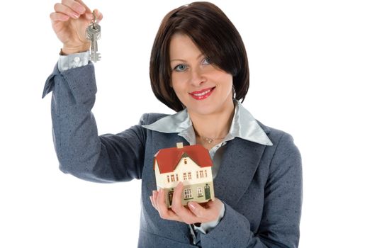 Business woman advertises real estate on white background