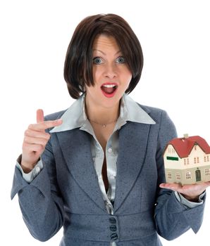 Business woman advertises real estate on white background