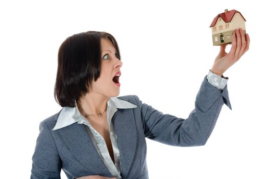 Business woman advertises real estate on white background