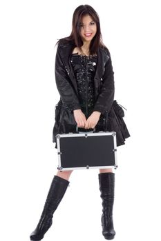 Beautiful woman with valise white background