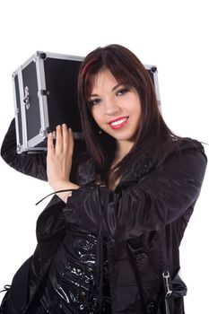 Beautiful woman with valise white background