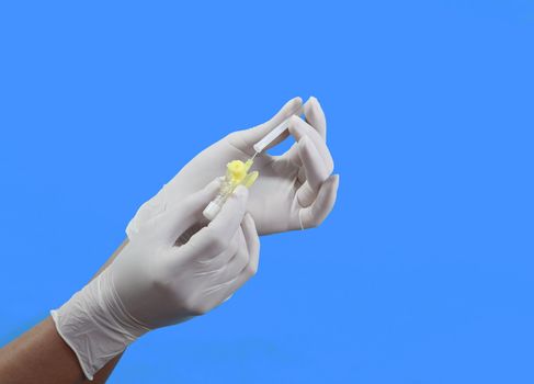 Hand in surgical gloves preparing a small intravenous puncture needle against a blue background.