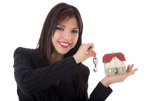 Business woman advertises real estate on white background