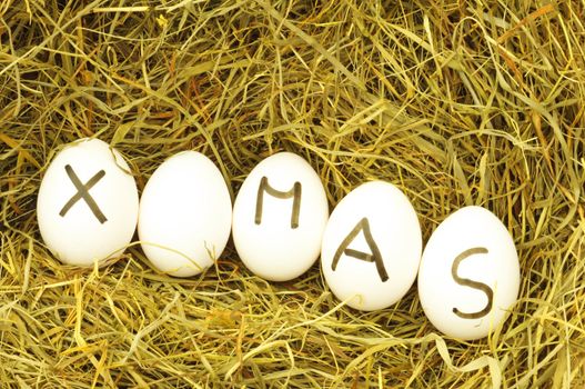 christmas or xmas concept with eggs on green hey or straw