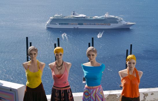 Overlooking the Mediterranean Ocean and four mannequin friends.