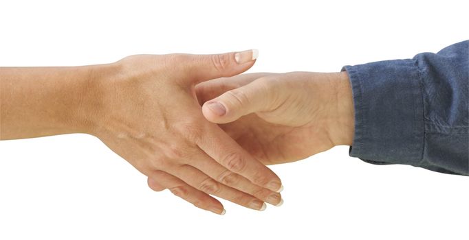 Man and woman shaking hands on a white background with clipping path.