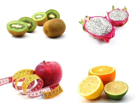 collection of sliced fruits isolated on white background