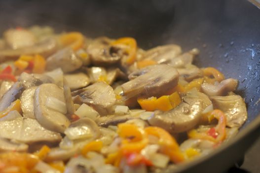 Mushroom and Vegetable Sauté with Steam and narrow depth of field.