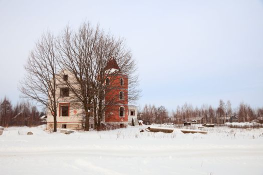 Winter landscape with unfinished mansion and tree