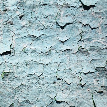 Old blue peeling painted wall with cracks and stains