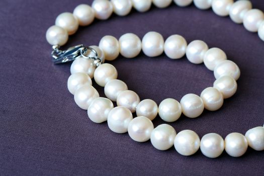 Closeup of pearl necklace lying on dark textiles background