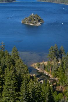 This is beautiful Emerald Bay in Lake Tahoe, California one summer day with Fannette Island in the middle.