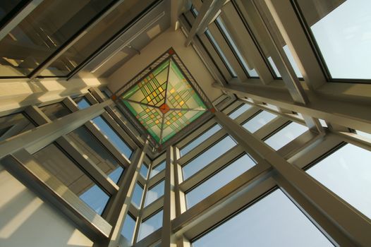 Abstract geometric architecture shapes and lines ceiling & windows.