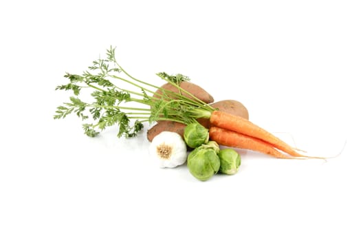 Two pink sweet potatoes with a garlic bulb, carrots and green sprouts on a reflective white background