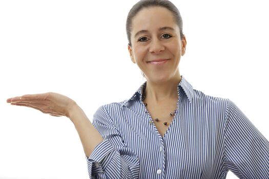 Single attractive businesswoman with hand palm up and smiling on a white background