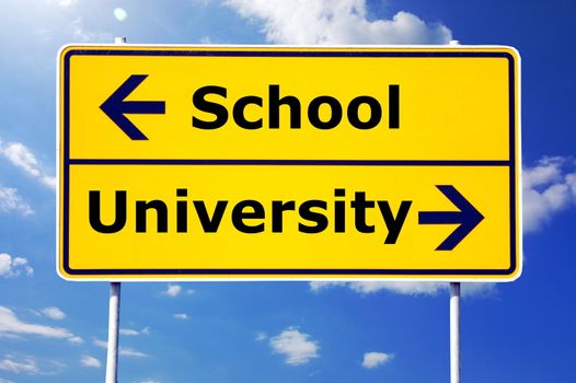 school and university education concept with yellow road sign